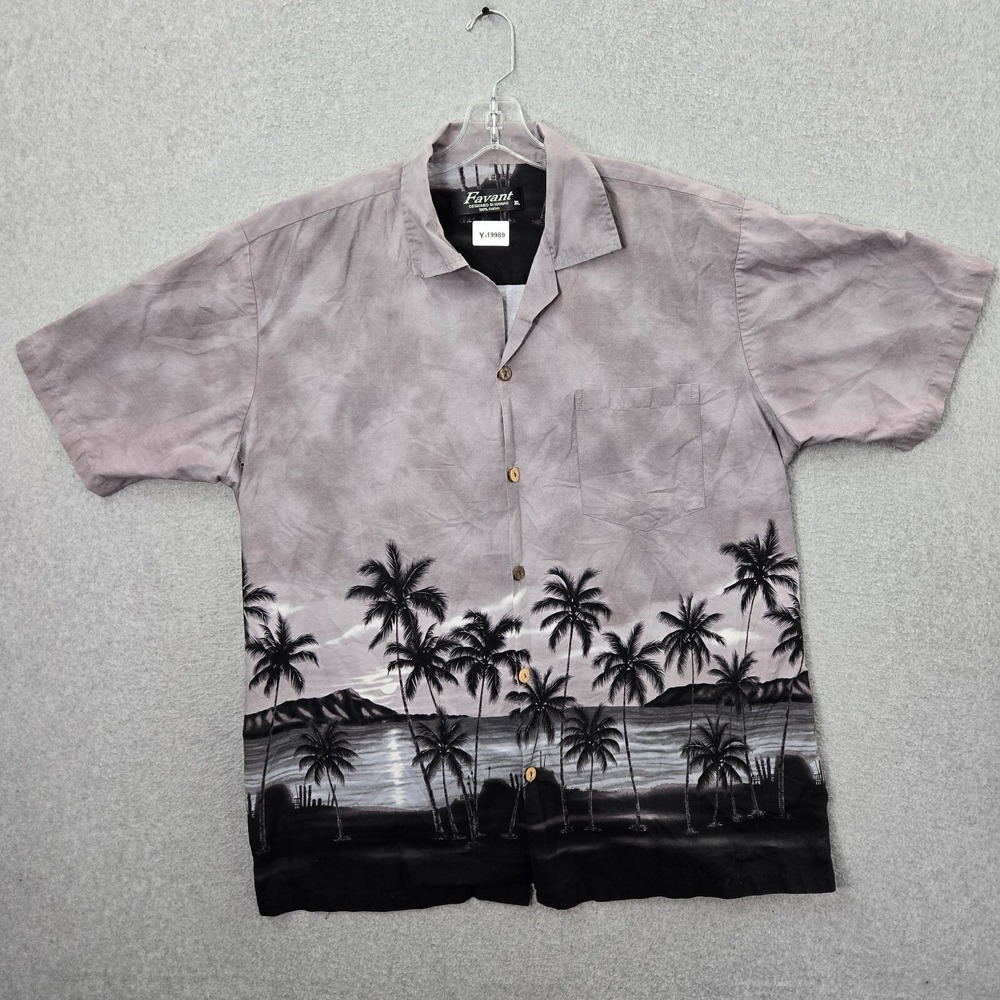 VINTAGE Favant Men Button Up Shirt XL Gray Tie Dye Hawaiian Palm Trees READ